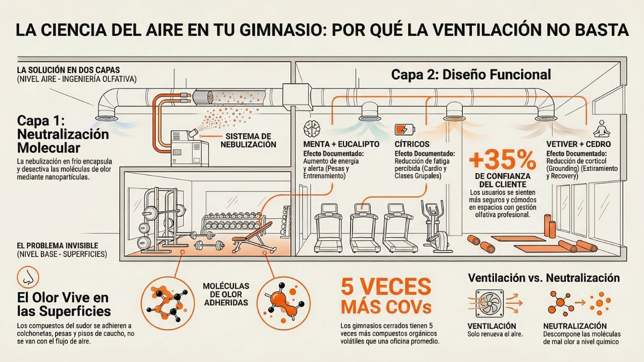 Infografía: impacto del olor en la retención de gimnasios — tasa de abandono, costo por miembro y datos de percepción olfativa
