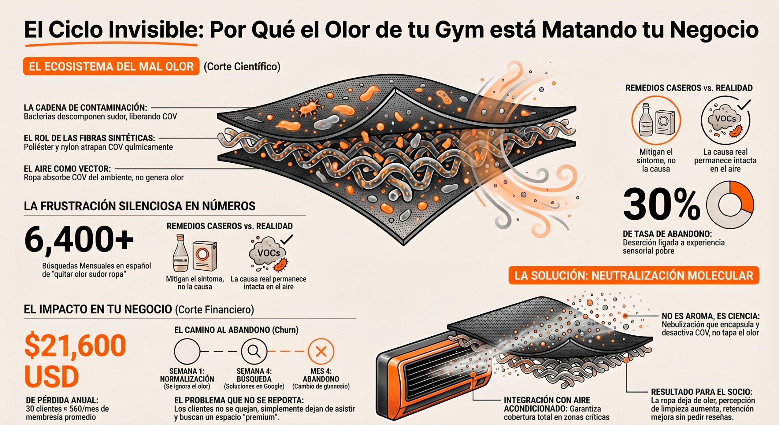 Infografía ODEUR: cadena causal del olor en gimnasios — cómo los compuestos orgánicos volátiles se acumulan en superficies porosas, contaminan la ropa deportiva de los clientes y generan churn silencioso en el negocio fitness