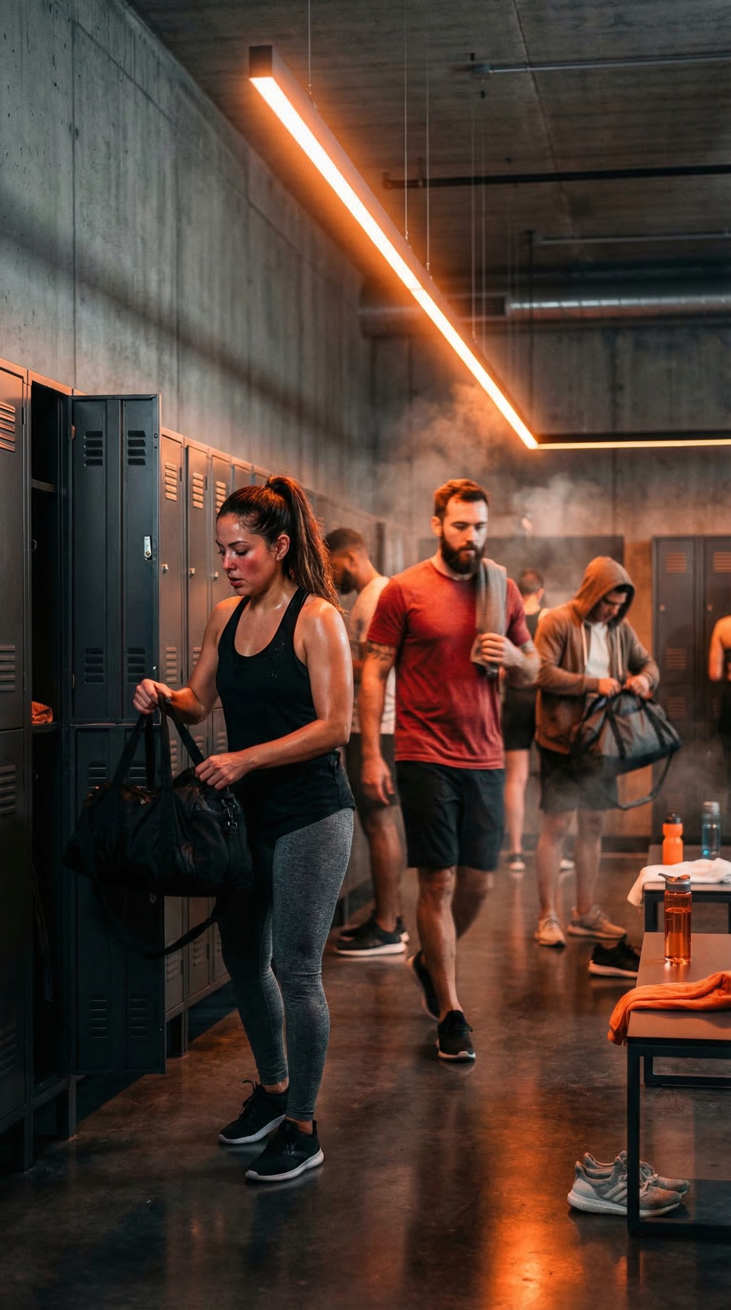 Interior de gimnasio boutique premium — el olor a sudor que se impregna en la ropa deportiva tiene su origen en la gestión olfativa del espacio, no en la ropa del cliente